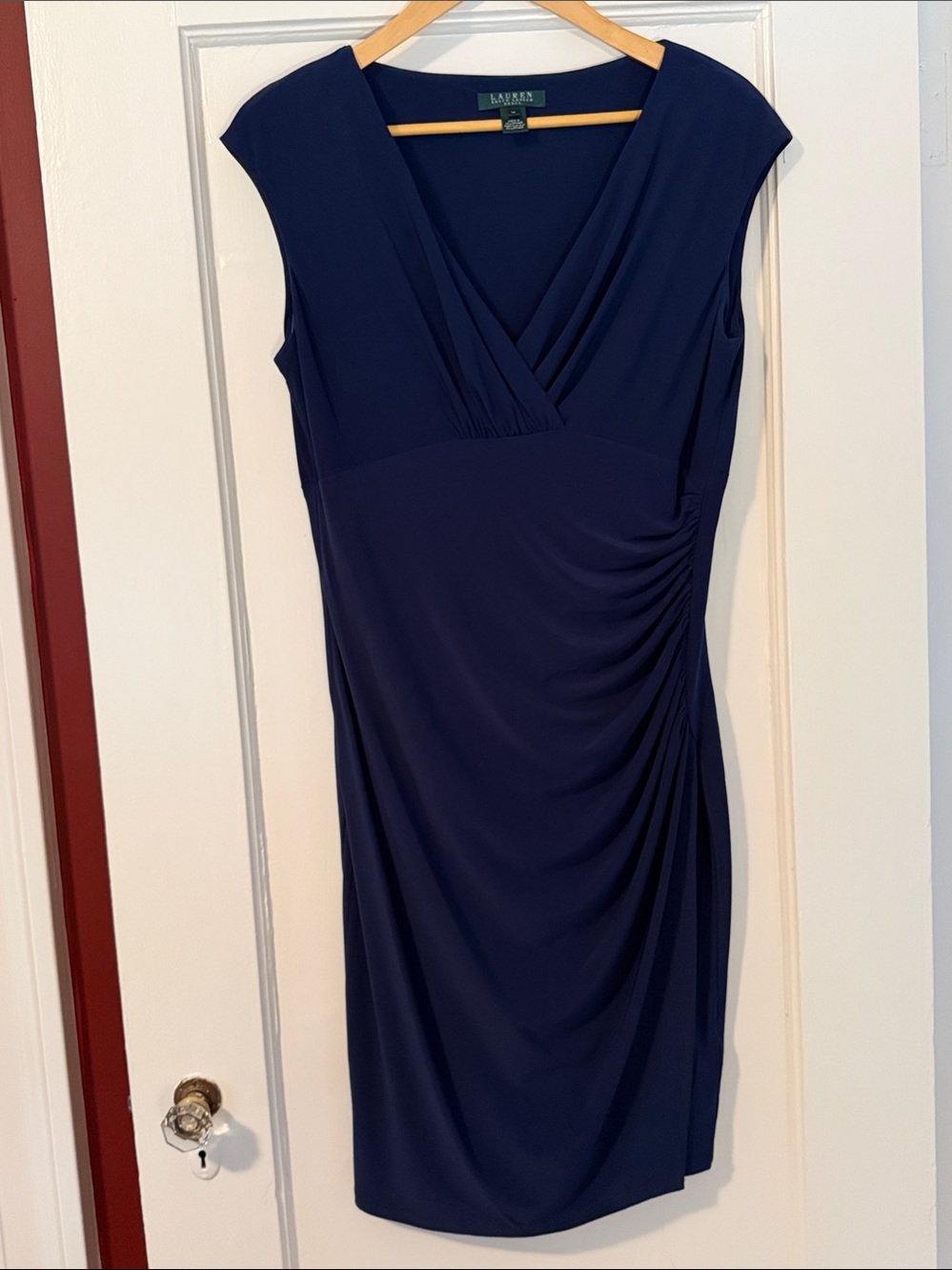 Lauren Ralph Lauren Navy V-Neck Ruched Midi Dress